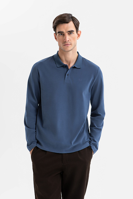 Лонгслив поло из хлопка, цвет Голубой темный